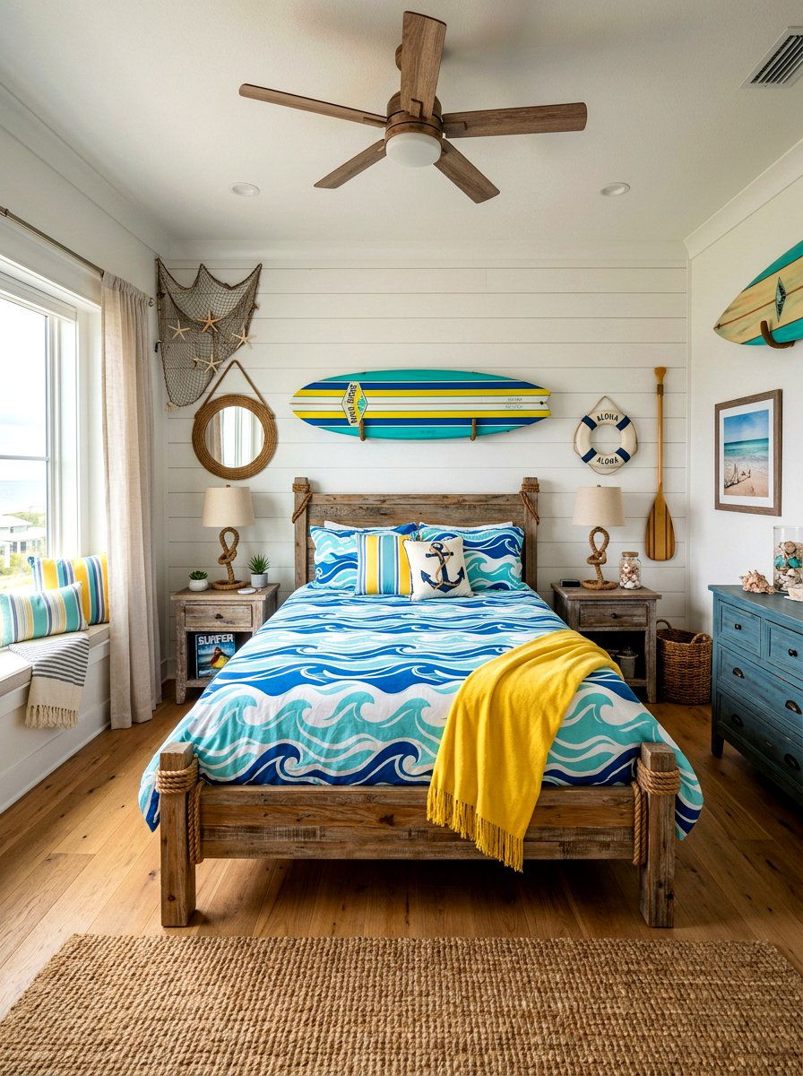 Surf inspired bedroom with board decor - 30 coastal bedroom ideas