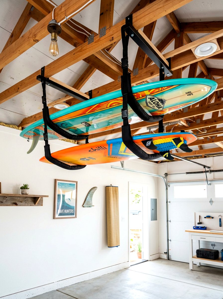 Surfboard ceiling rack - 30 garage ceiling storage ideas