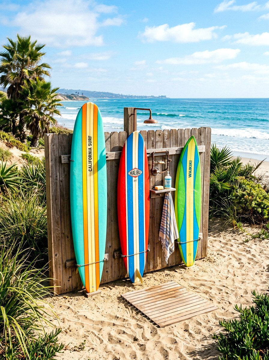 Surfboard shower privacy wall - 30 outdoor shower privacy ideas