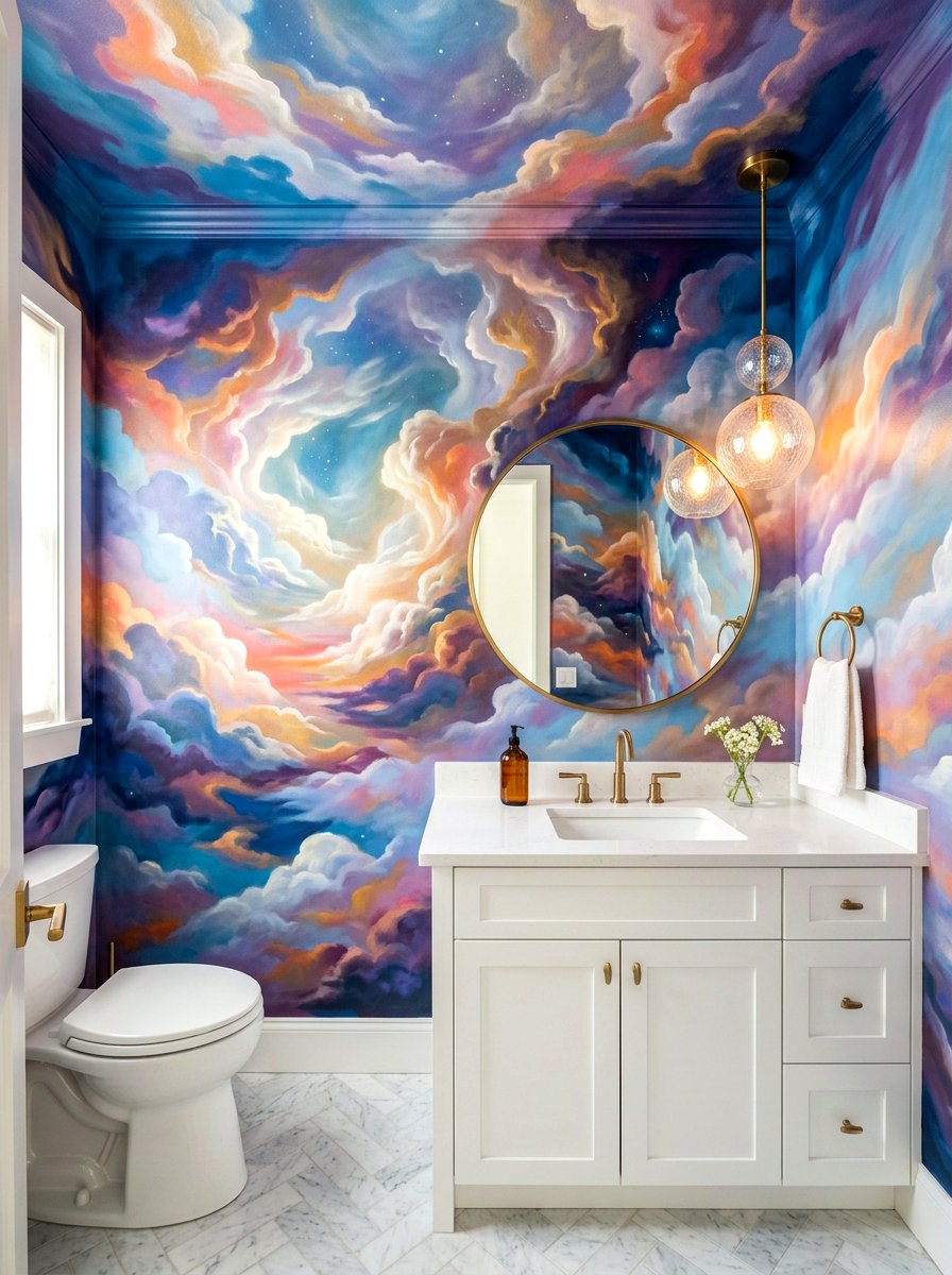 Surreal Cloudscape Mural - 30 landscape mural powder room ideas