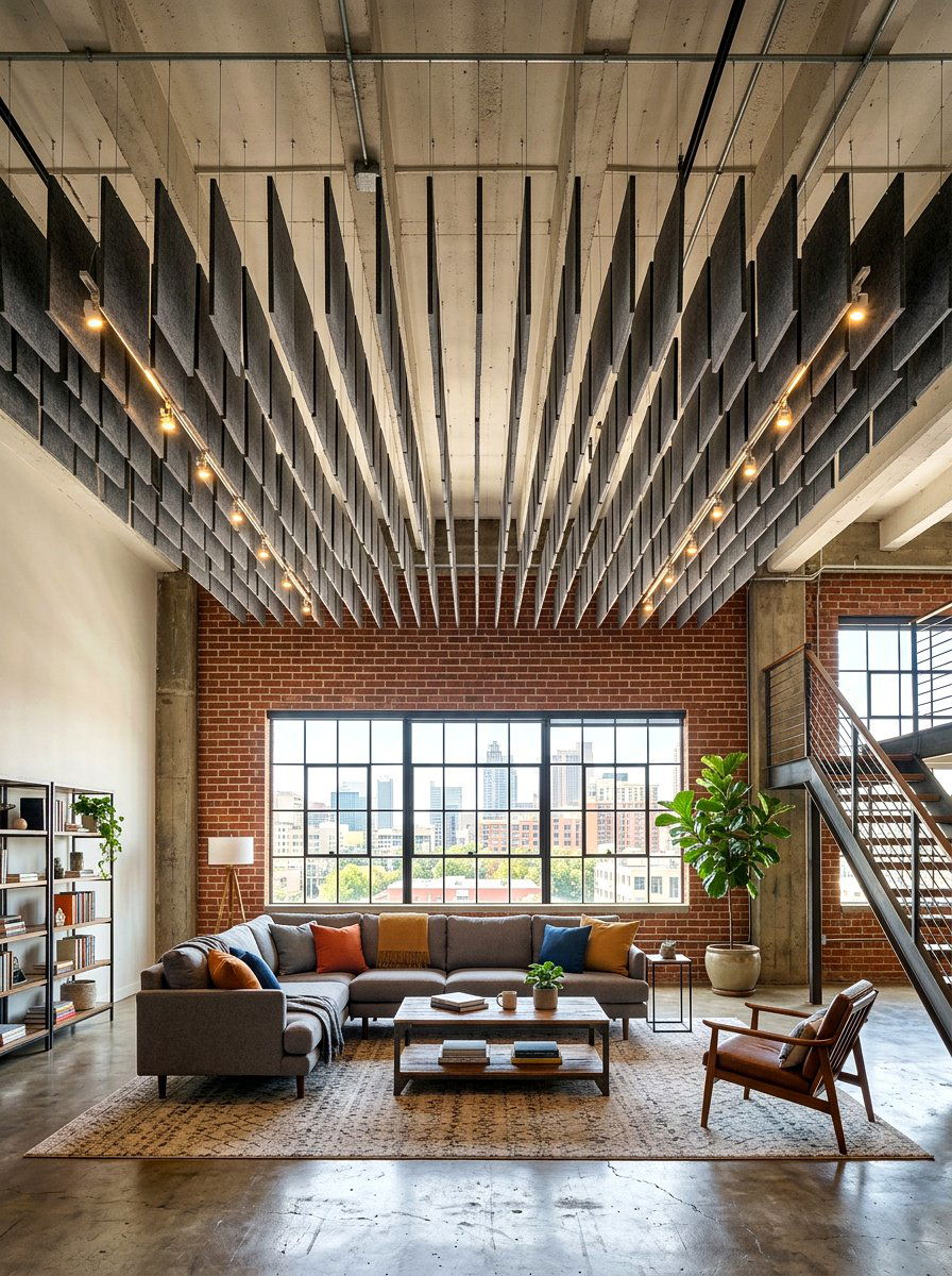 Suspended acoustic baffles - 30 acoustic living room ideas
