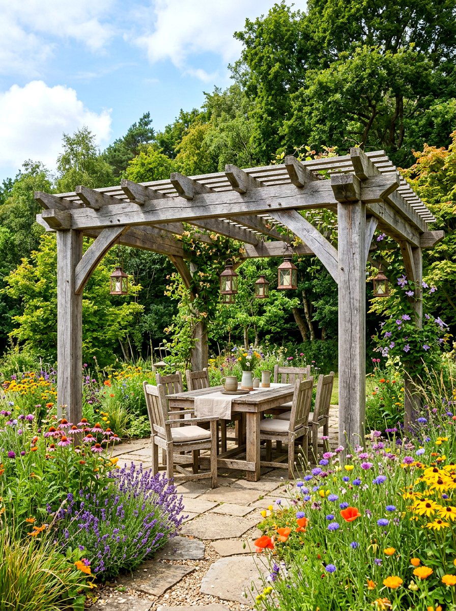 Sustainable Reclaimed Wood Pergola - 30 backyard dining pergola ideas