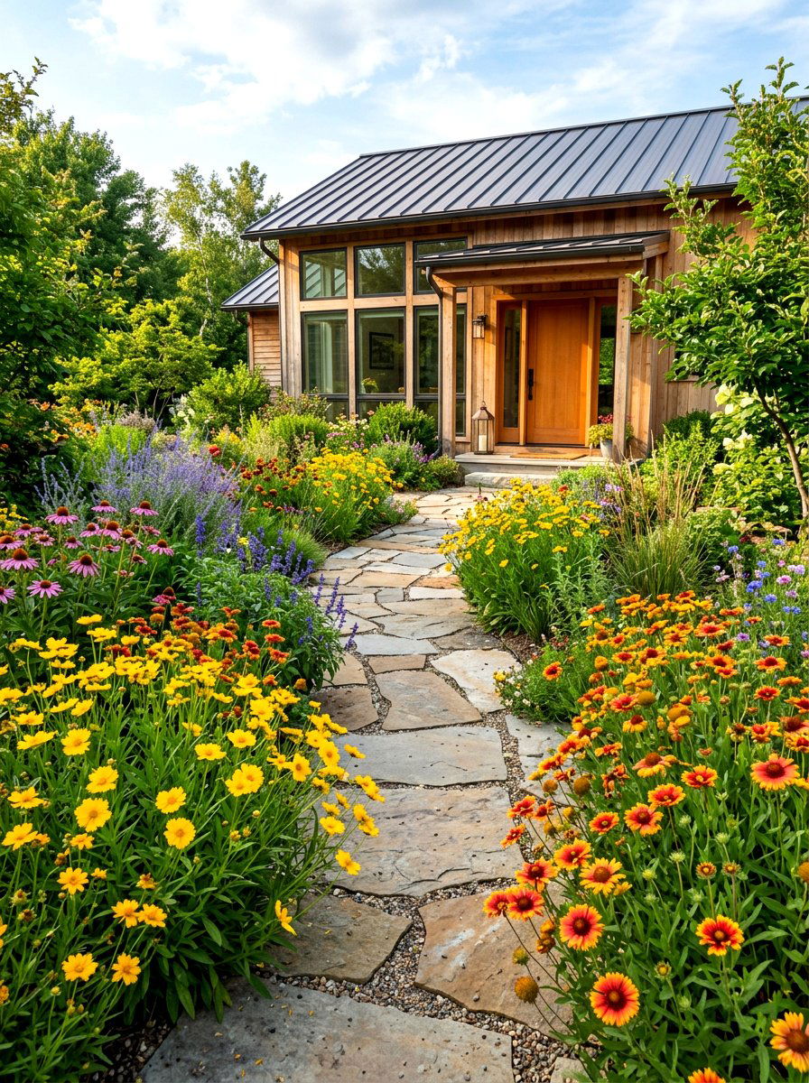 Sustainable Wildflower Entry - 30 prairie front yard landscaping ideas