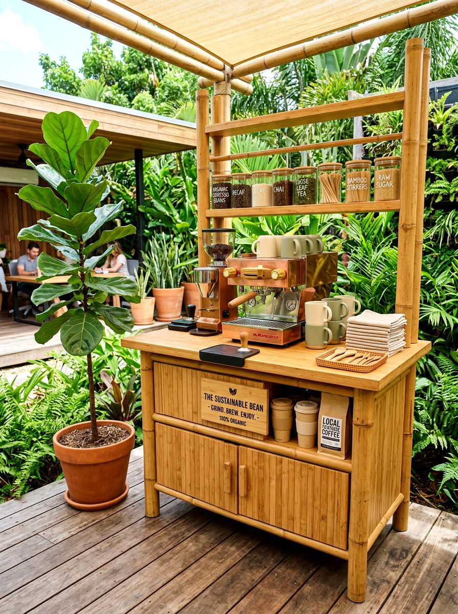 Sustainable bamboo office coffee station - 30 office coffee corner ideas