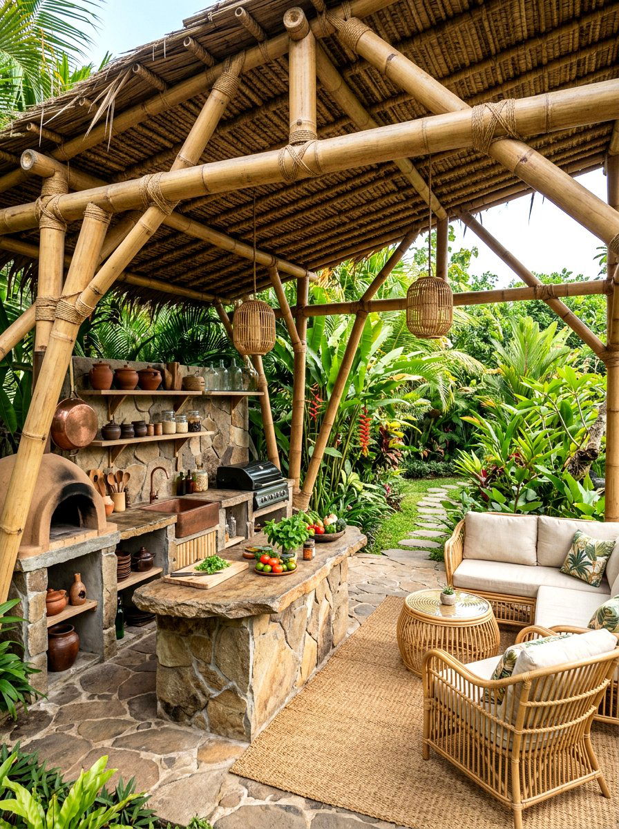 Sustainable bamboo pergola kitchen - 30 pergola with kitchen ideas