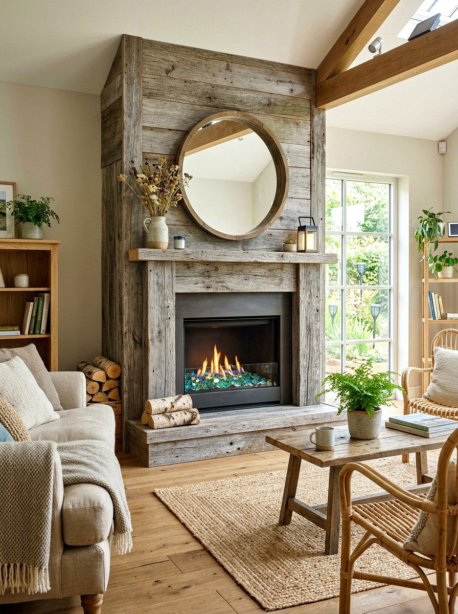 Sustainable reclaimed wood fireplace - 30 patio fireplace lounge ideas