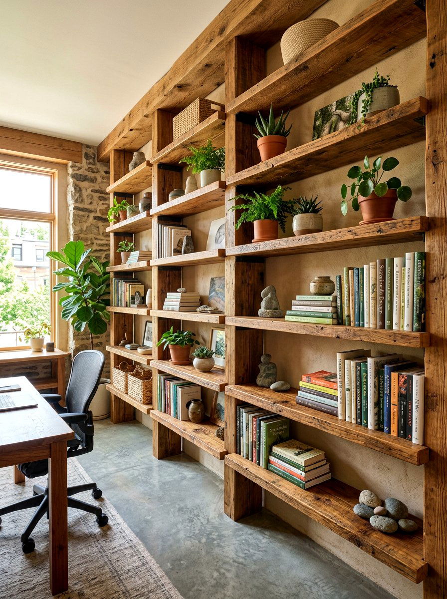 Sustainable wood office shelves - 30 office bookshelf styling ideas