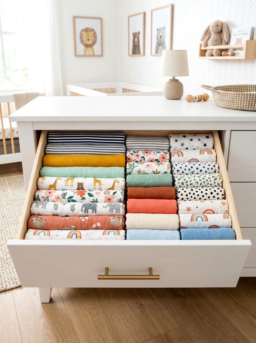 Swaddle blanket drawer - 30 nursery dresser organization ideas