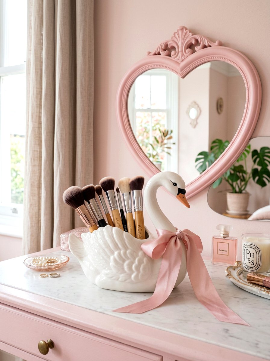 Swan brush holder - 30 coquette vanity ideas