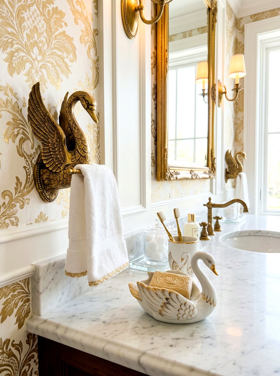 Swan motif bathroom accessories - 30 coquette bathroom ideas