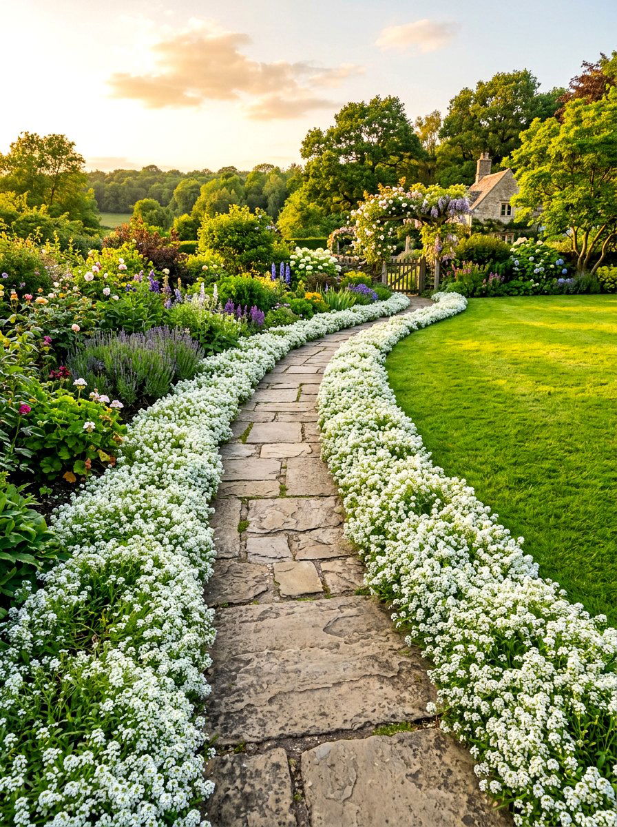 Sweet Alyssum Garden Path - 30 moonlight white flower border ideas