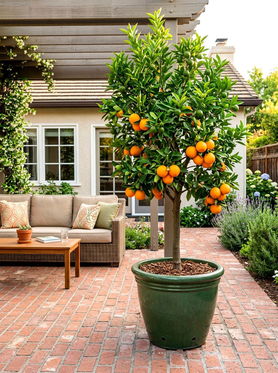 Sweet Orange Tree Classic Backyard Patio - 30 citrus patio tree ideas