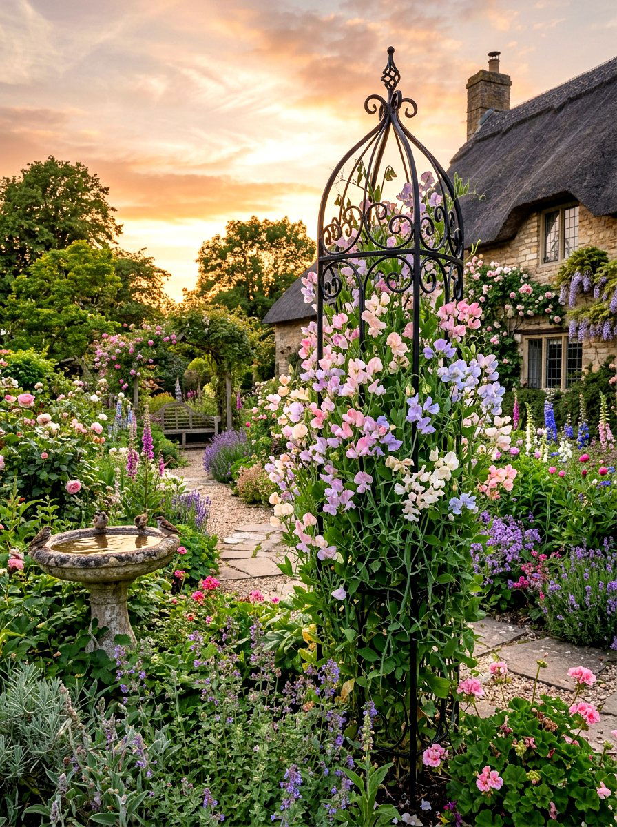 Sweet Pea Trellis Garden - 30 evening fragrance garden ideas