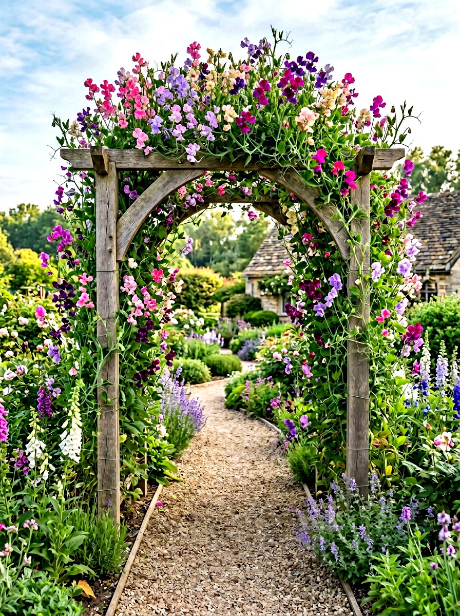 Sweet Pea Trellis Garden - 30 backyard cutting garden ideas