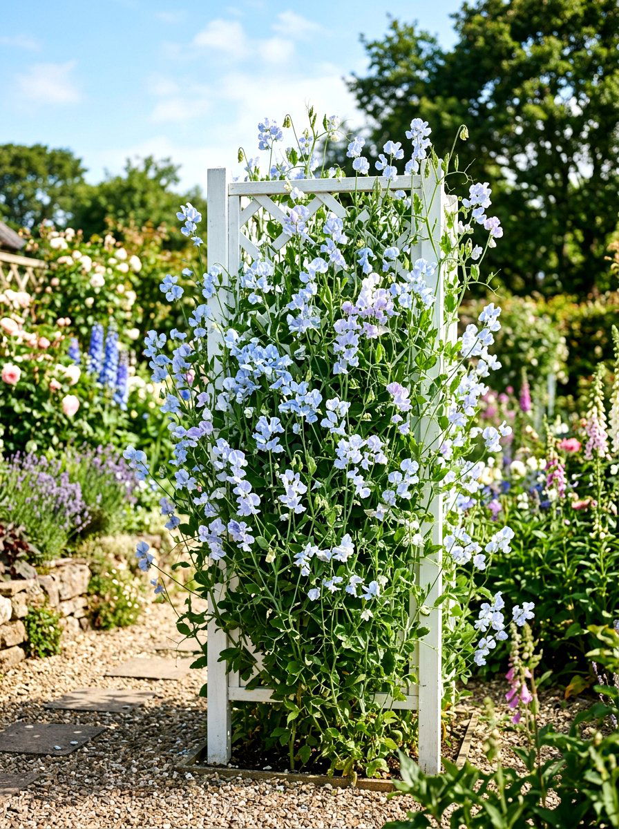 Sweet Pea Vertical Garden - 30 blue flower garden ideas