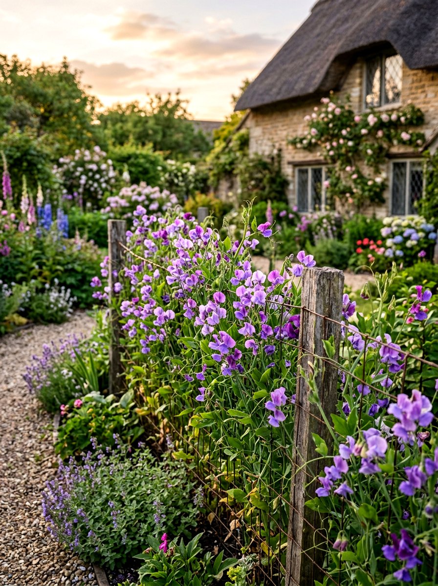 Sweet pea fence - 30 purple flower garden ideas