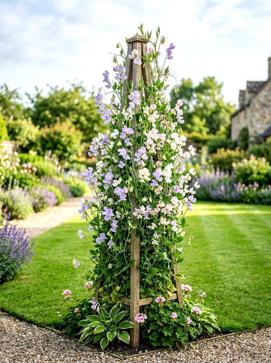 Sweet pea trellis - 30 cottage cutting garden ideas