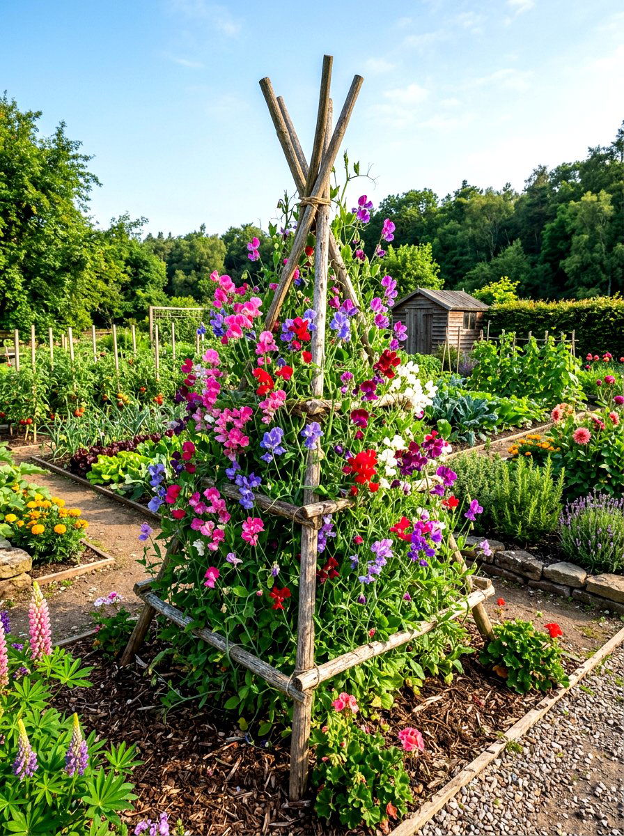 Sweet pea vertical garden - 30 fragrance garden backyard ideas
