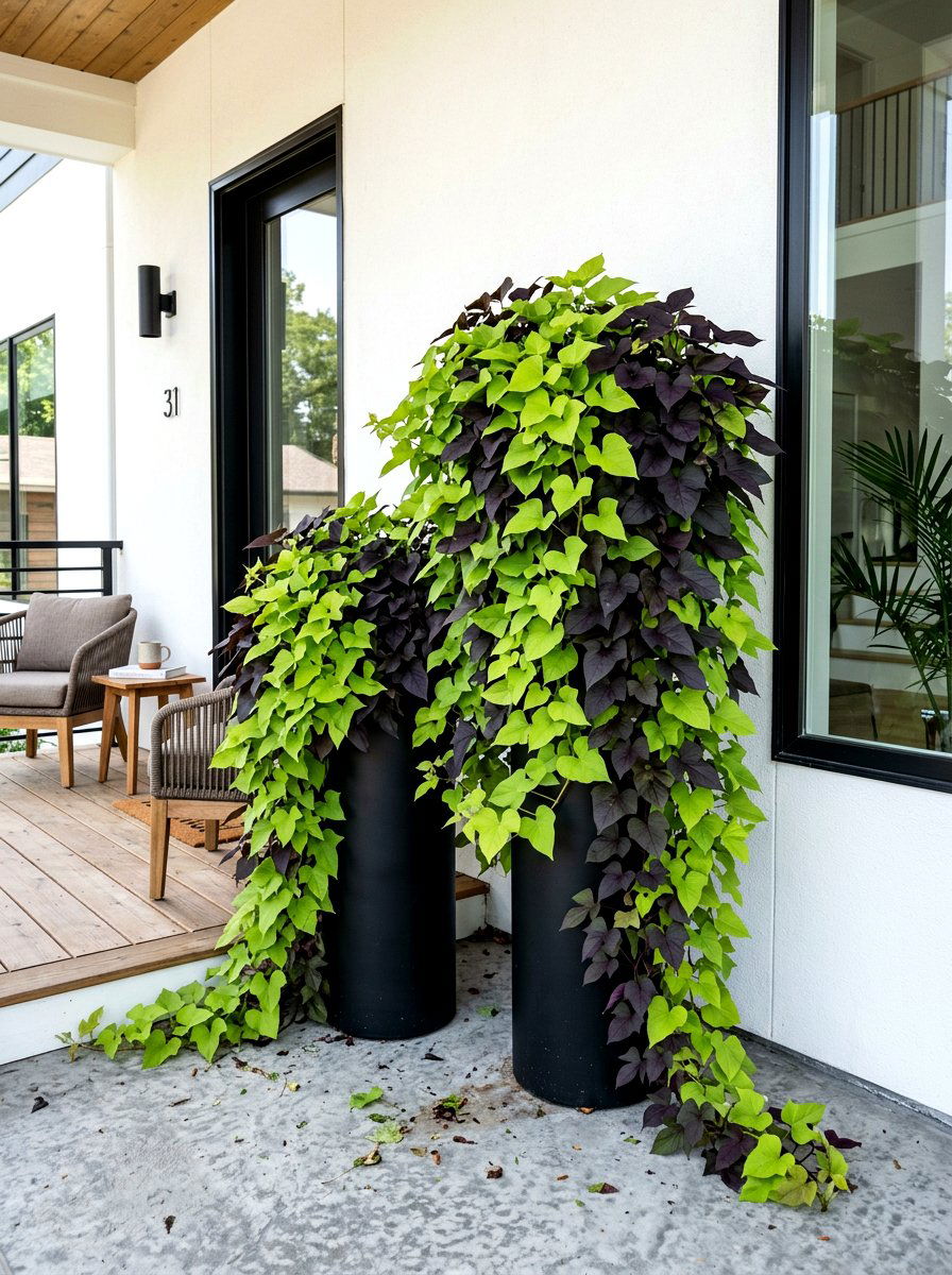 Sweet potato vine trailers - 30 porch container garden ideas