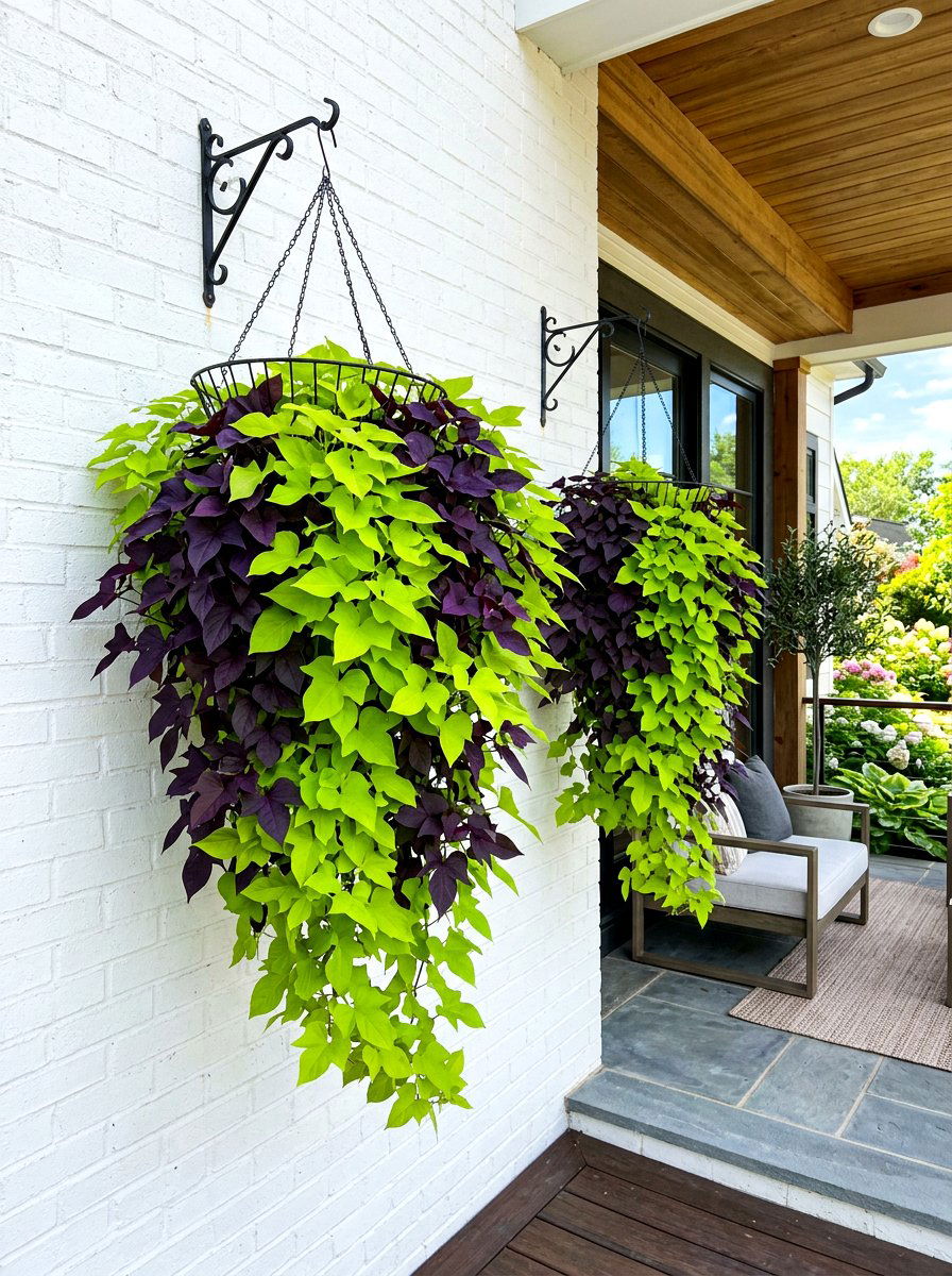 Sweet potato vine - 30 porch floral basket ideas