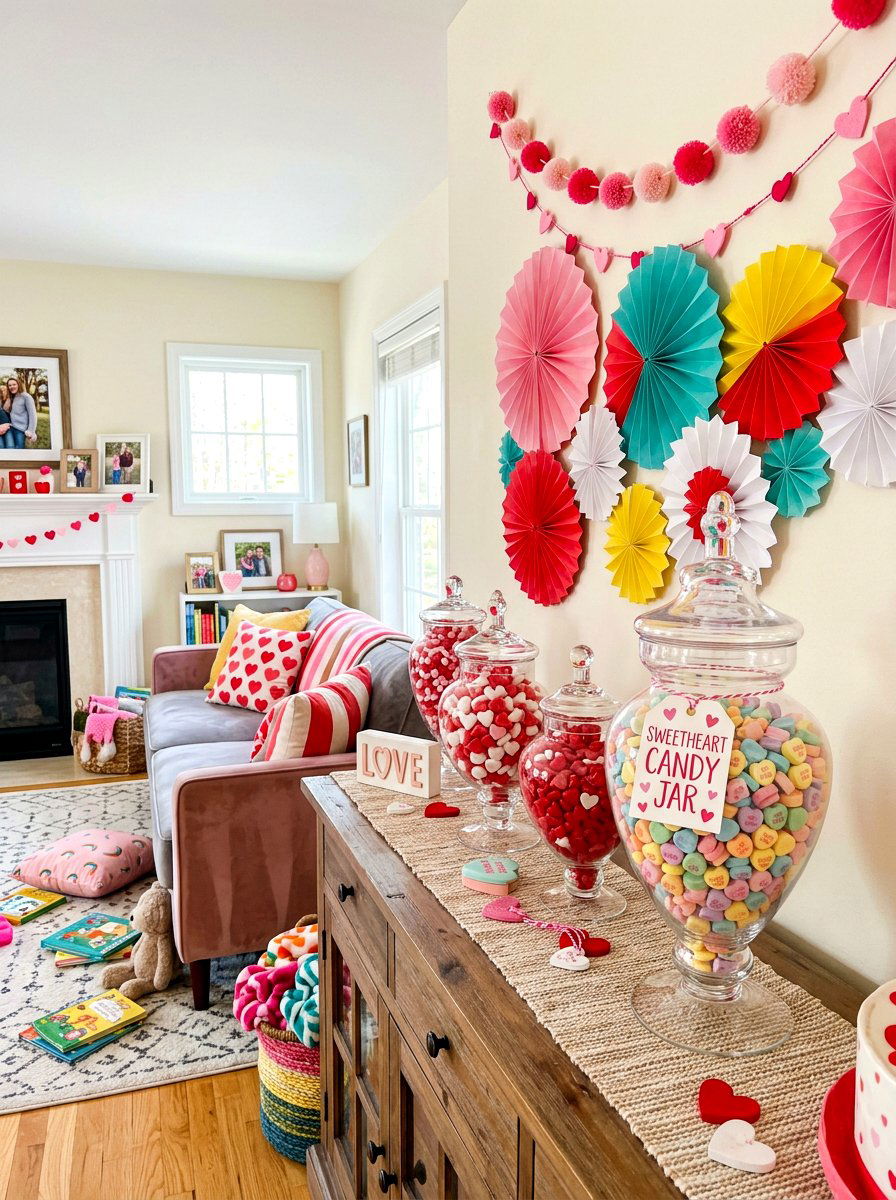 Sweetheart Candy Jar Playful Mantel - 30 Valentine mantel ideas