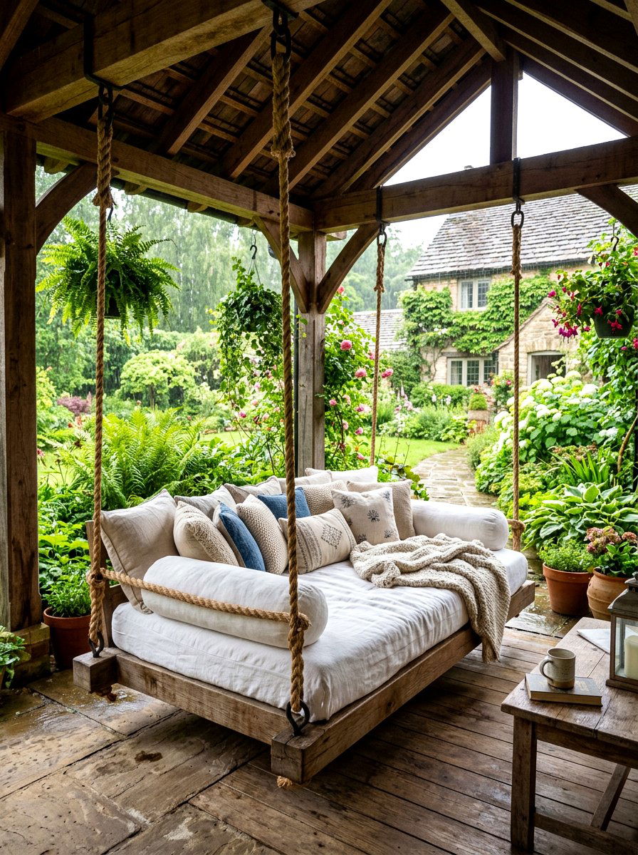 Swing Bed Under Cover - 30 terrace seating ideas