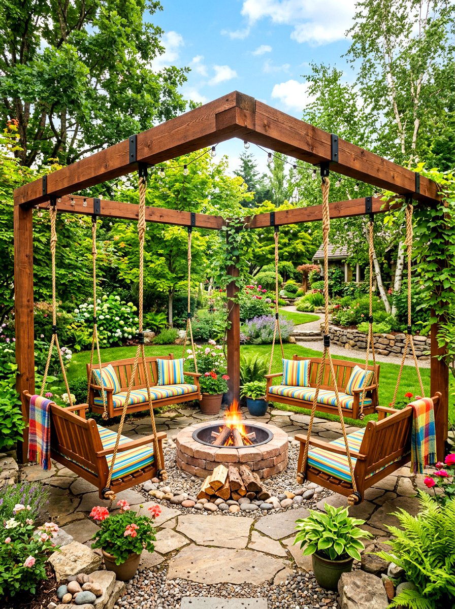 Swing chair fire pit - 30 fire pit lounge ideas