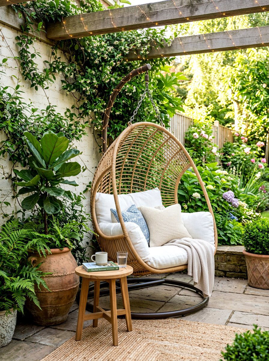 Swing chair patio nook - 30 starlit patio hosting ideas