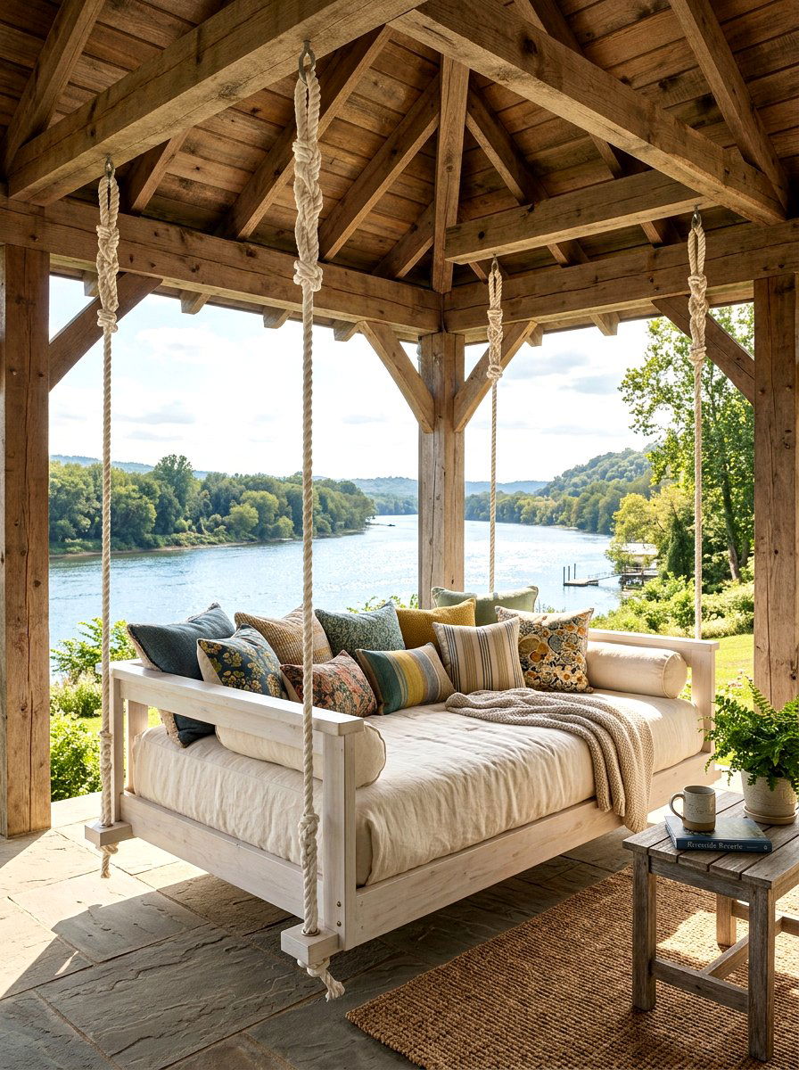 Swinging porch bed - 30 pavilion lounge furniture ideas