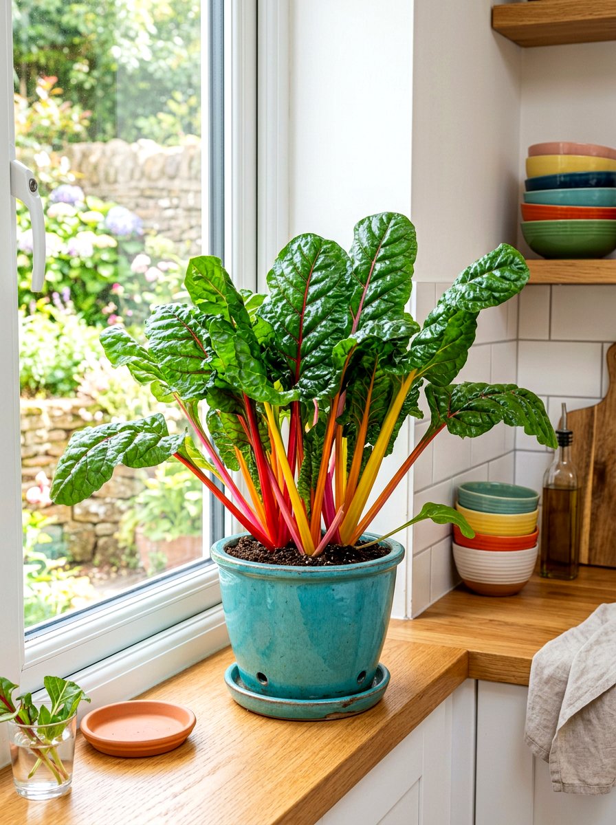 Swiss Chard In Colorful Pot - 30 windowsill vegetable garden ideas