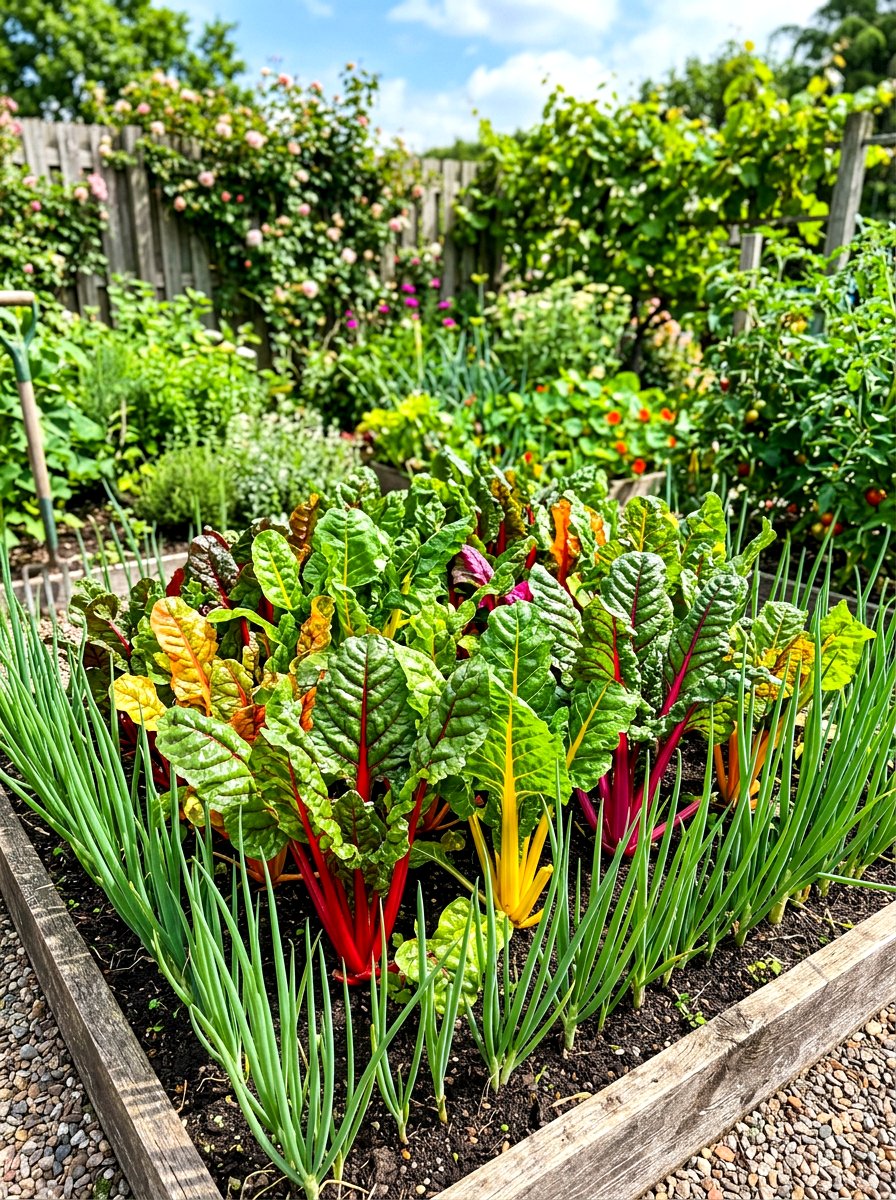 Swiss chard and onion protection - 30 vegetable garden companion planting ideas