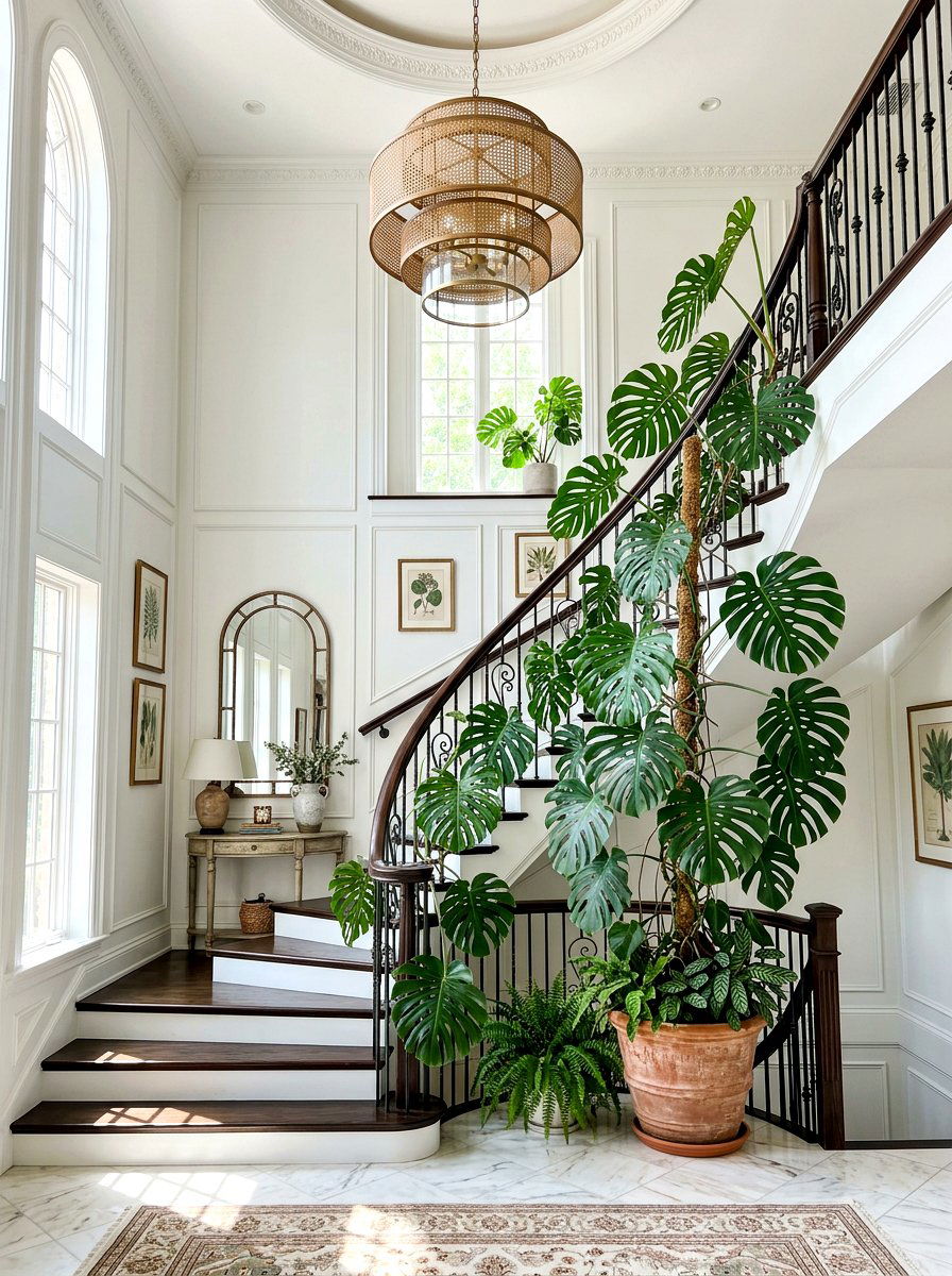 Swiss cheese plant staircase - 30 low light indoor plant decor ideas
