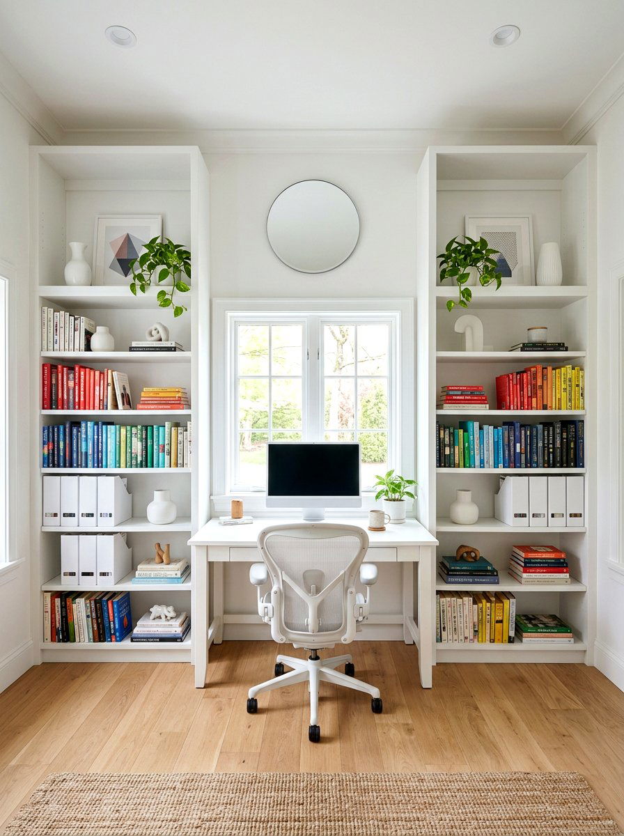 Symmetric White Office Shelving - 30 white office built in ideas