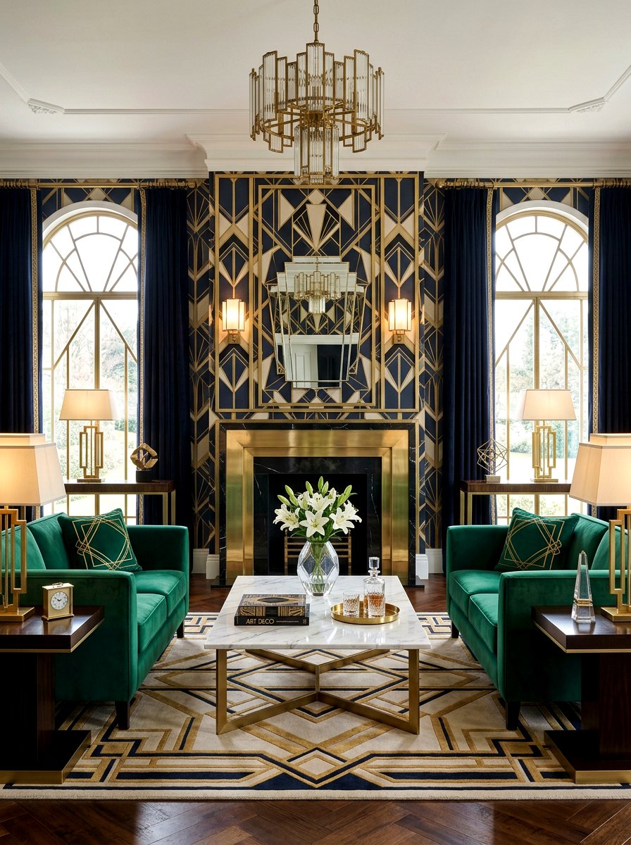 Symmetrical Art Deco living room setup - 30 art deco living room ideas