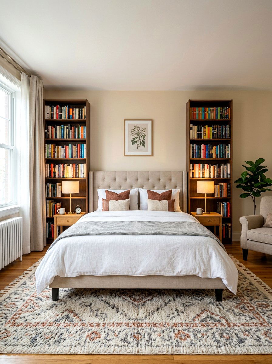 Symmetrical Bedside Book Tower - 30 stacked book table ideas