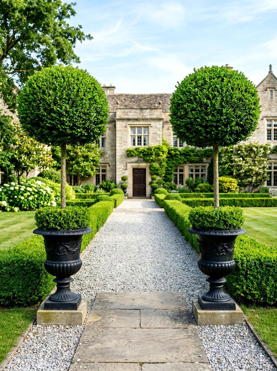 Symmetrical Boxwood Column Pots - 30 porch column planter ideas