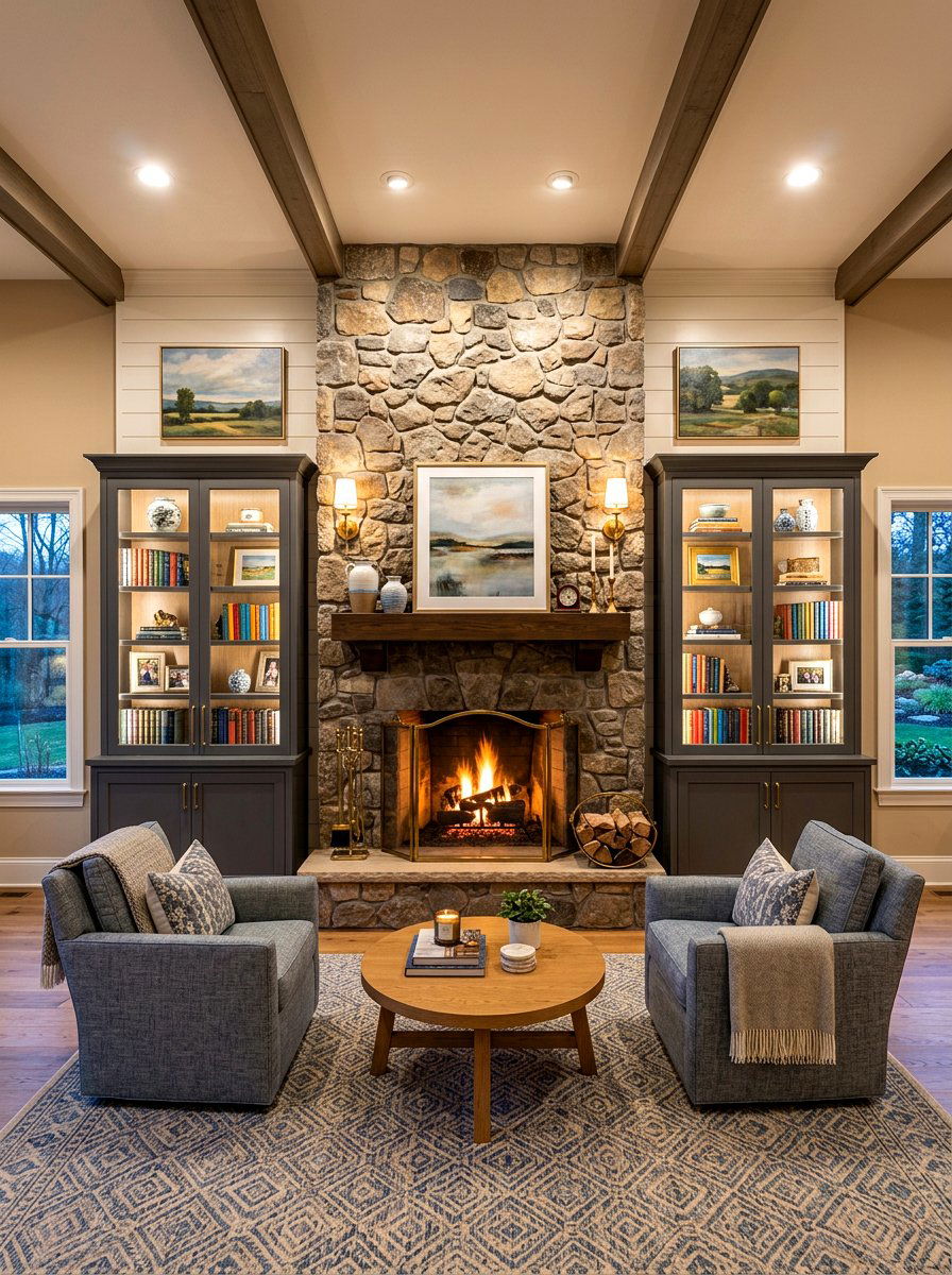 Symmetrical Cabinets Fireside Living Room - 30 display cabinet ideas