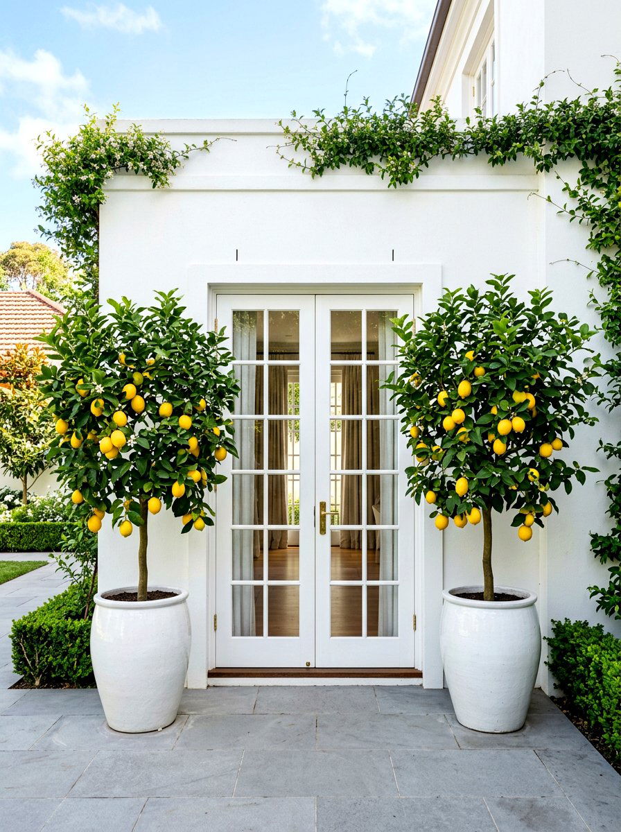 Symmetrical Citrus Trees Flanking Door - 30 potted citrus patio ideas
