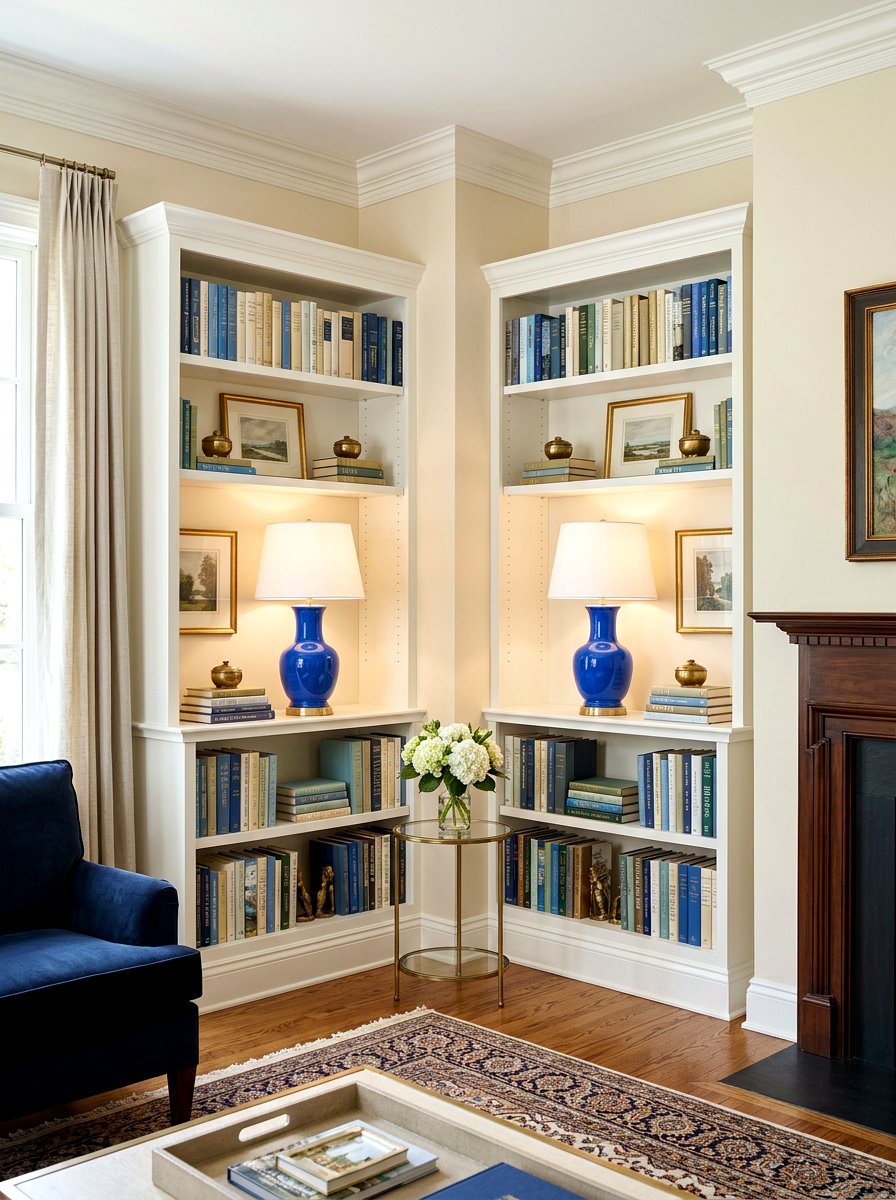 Symmetrical Corner Shelf Arrangement - 30 living room corner shelf ideas