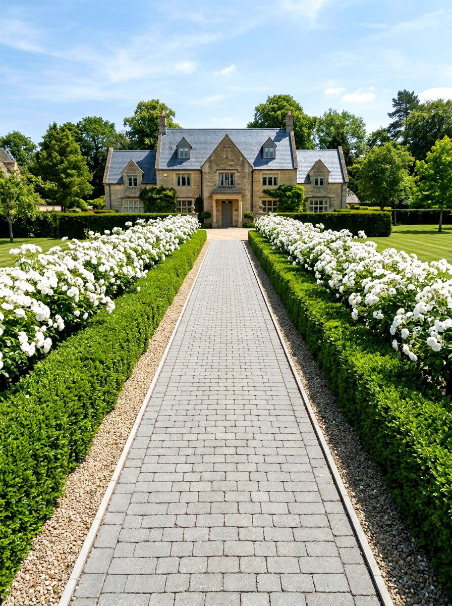 Symmetrical Driveway Hedge - 30 layered hedge front yard ideas