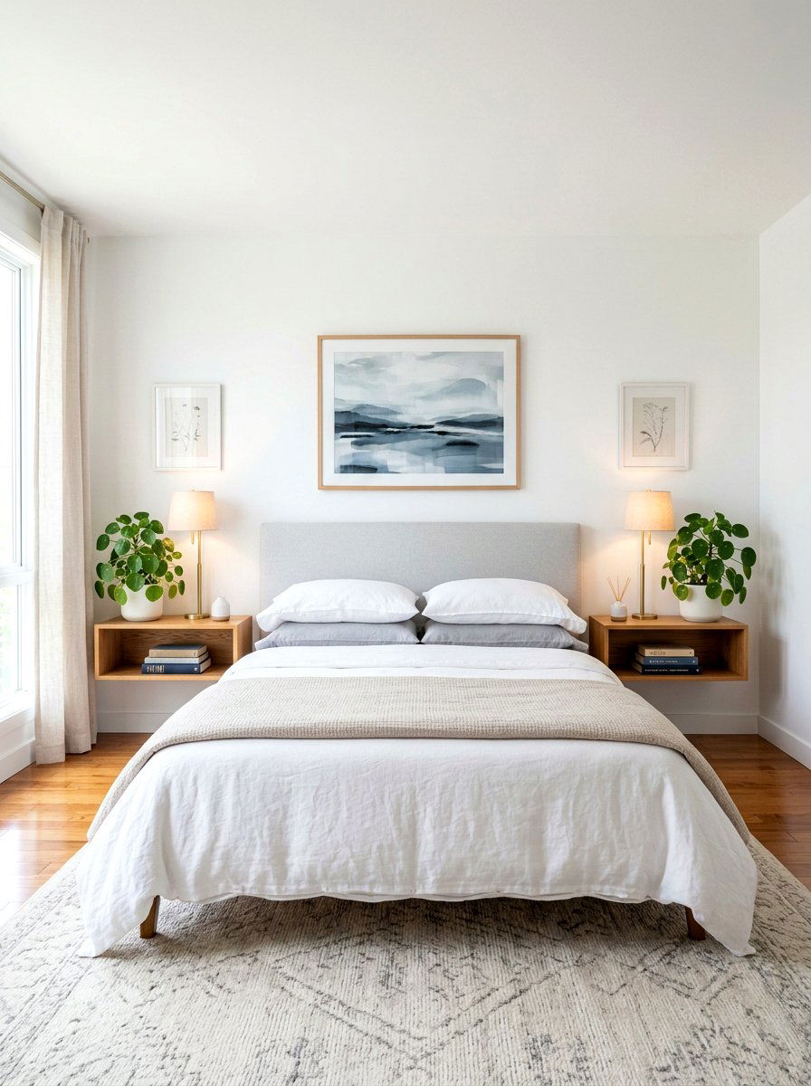 Symmetrical Dual Bedside Shelves - 30 bedroom plant shelf ideas
