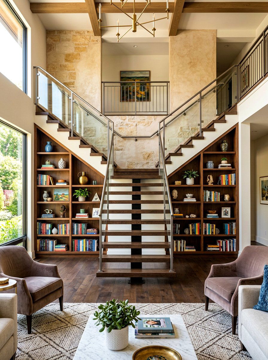 Symmetrical Dual Side Under Stair Shelving - 30 under staircase bookshelf ideas