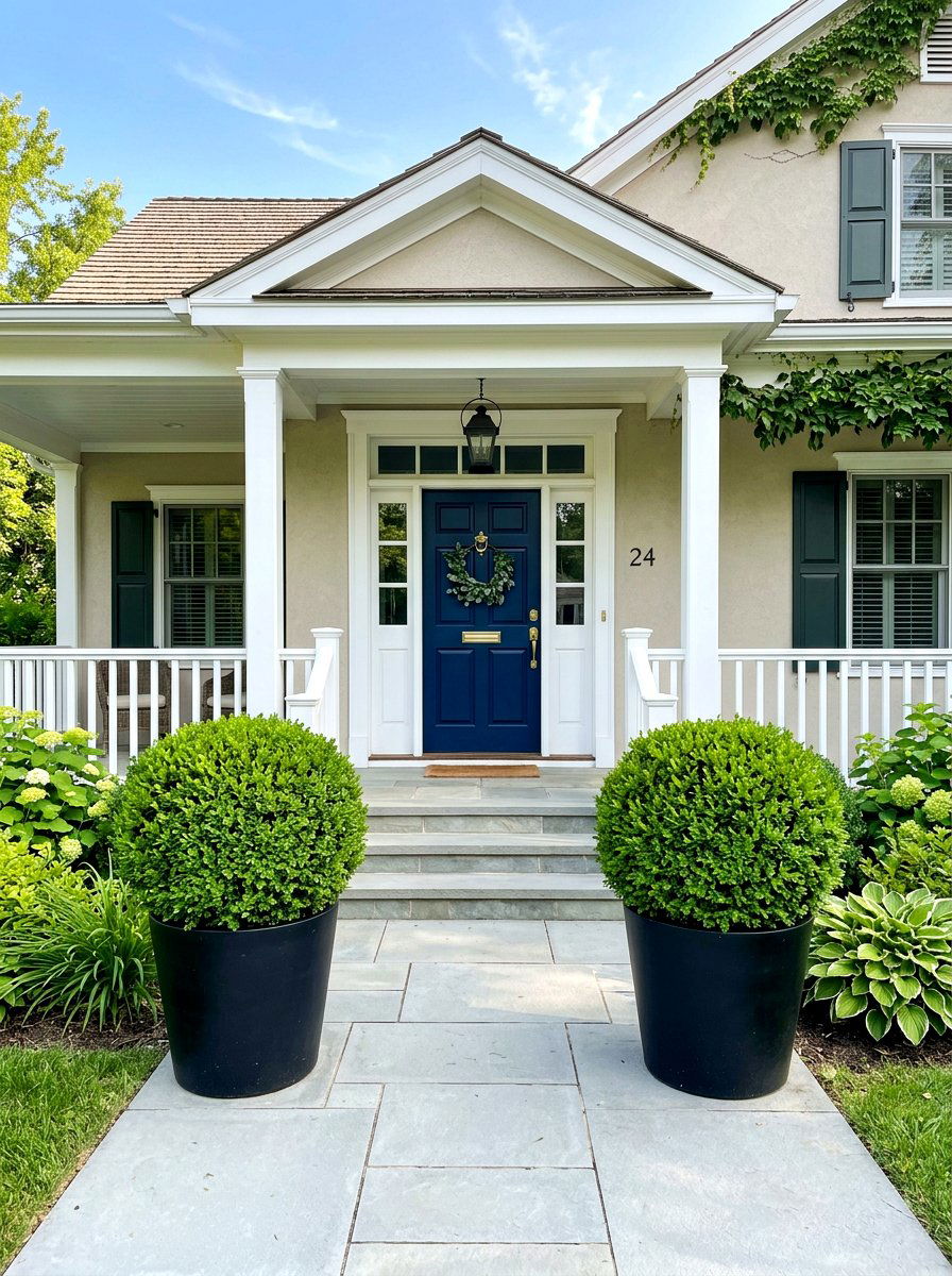 Symmetrical Entrance Boxwood - 30 topiary porch ideas