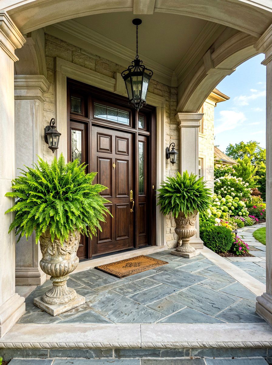Symmetrical Entrance Urn - 30 porch ferns ideas