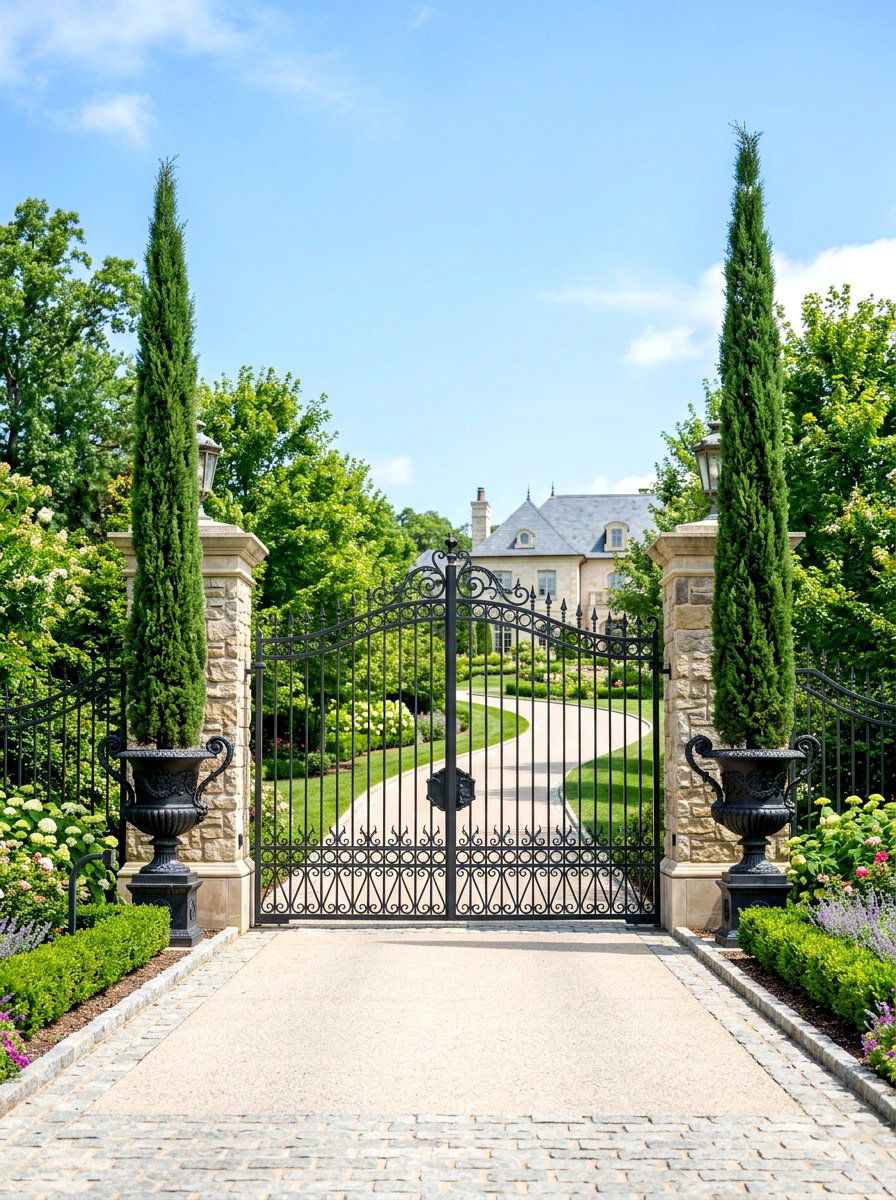 Symmetrical Entrance With Potted Trees - 30 driveway gate landscaping ideas