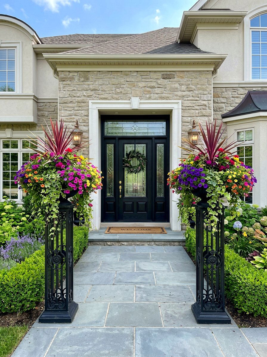 Symmetrical Entryway Flower Pillars - 30 porch planter arrangement ideas for summer