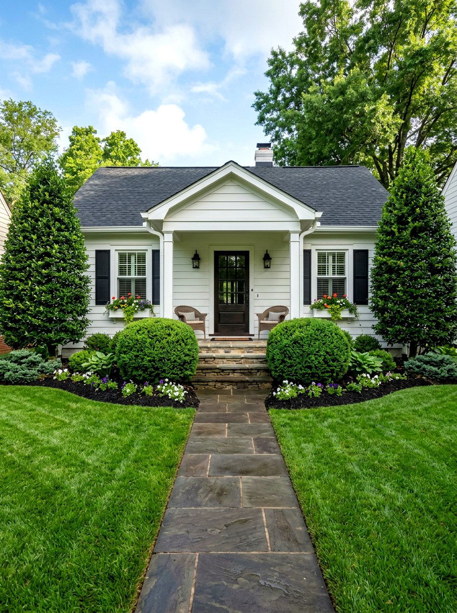 Symmetrical Evergreen Bungalow Shrub Layout - 30 bungalow front yard ideas