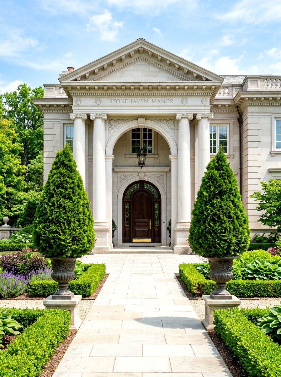 Symmetrical Evergreen Shrubs - 30 portico landscaping ideas
