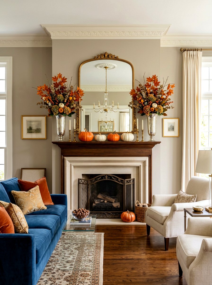 Symmetrical Fall Mantel Mirror - 30 fall mantel styling ideas