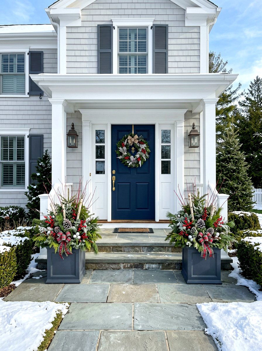 Symmetrical Front Door Greenery - 30 winter porch planter ideas